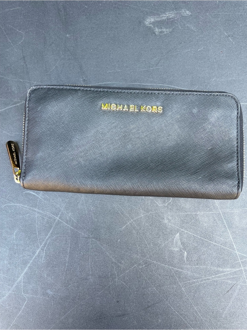 Michael Kors Black Leather Zip Wallet with Gold Logo